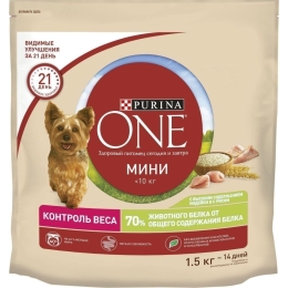 Сухой корм для собак мелких пород Purina ONE МИНИ Здоровый вес с индейкой и рисом 1.5 кг (7613036425803)